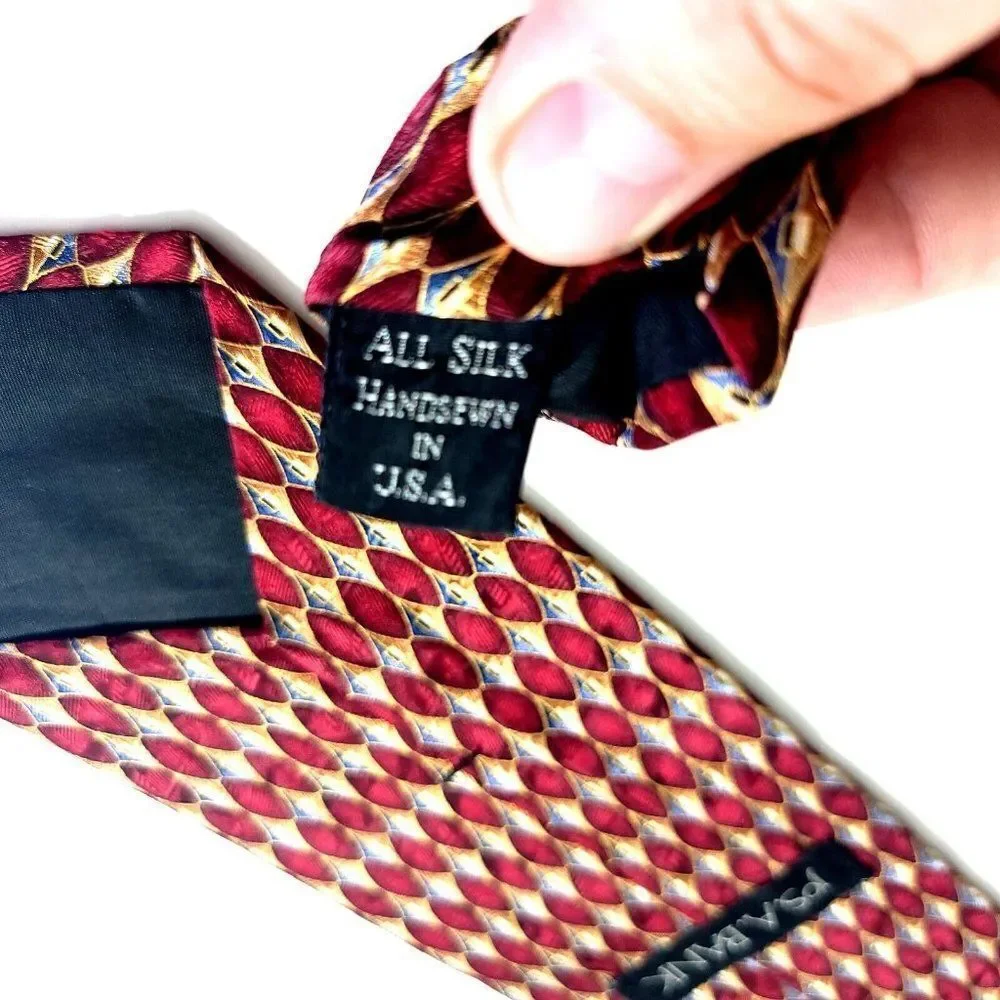 Jos A Bank Red Tan Gray Geometric‎ Jacquard Print Wide Silk Tie